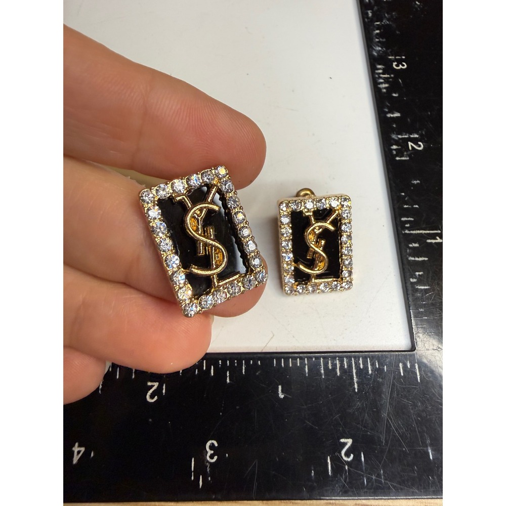 Gold Tone Rhinestone Monogram Black Enamel Rectangular Stud Earrings